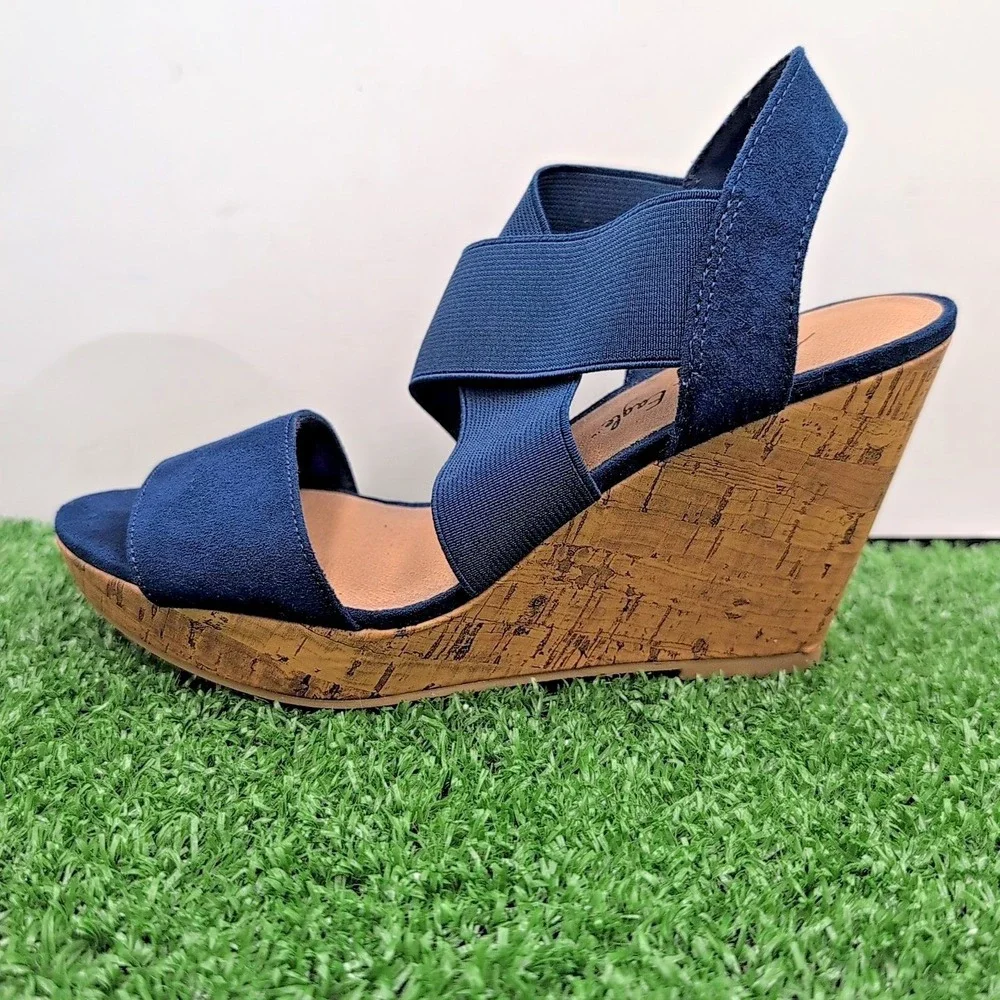 American Eagle AE Women's Shoes 5 Ryan Wedge Sandals Navy Blue Cork Heel Straps